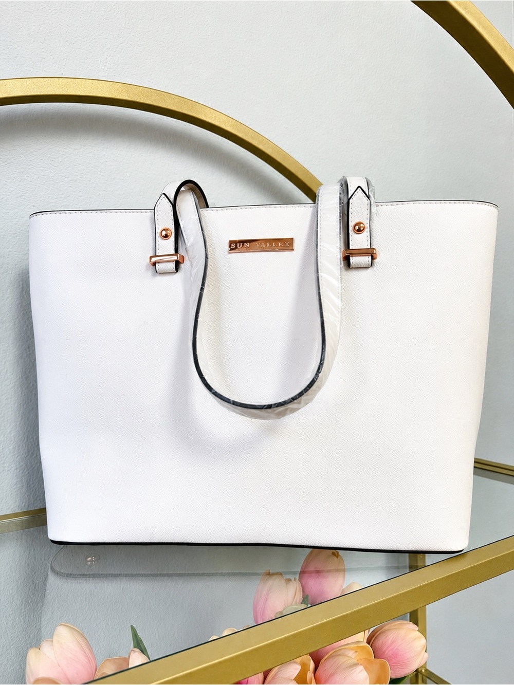 Sun Valley White Textured Tote Bag Rose Gold Hardware Zip Top New